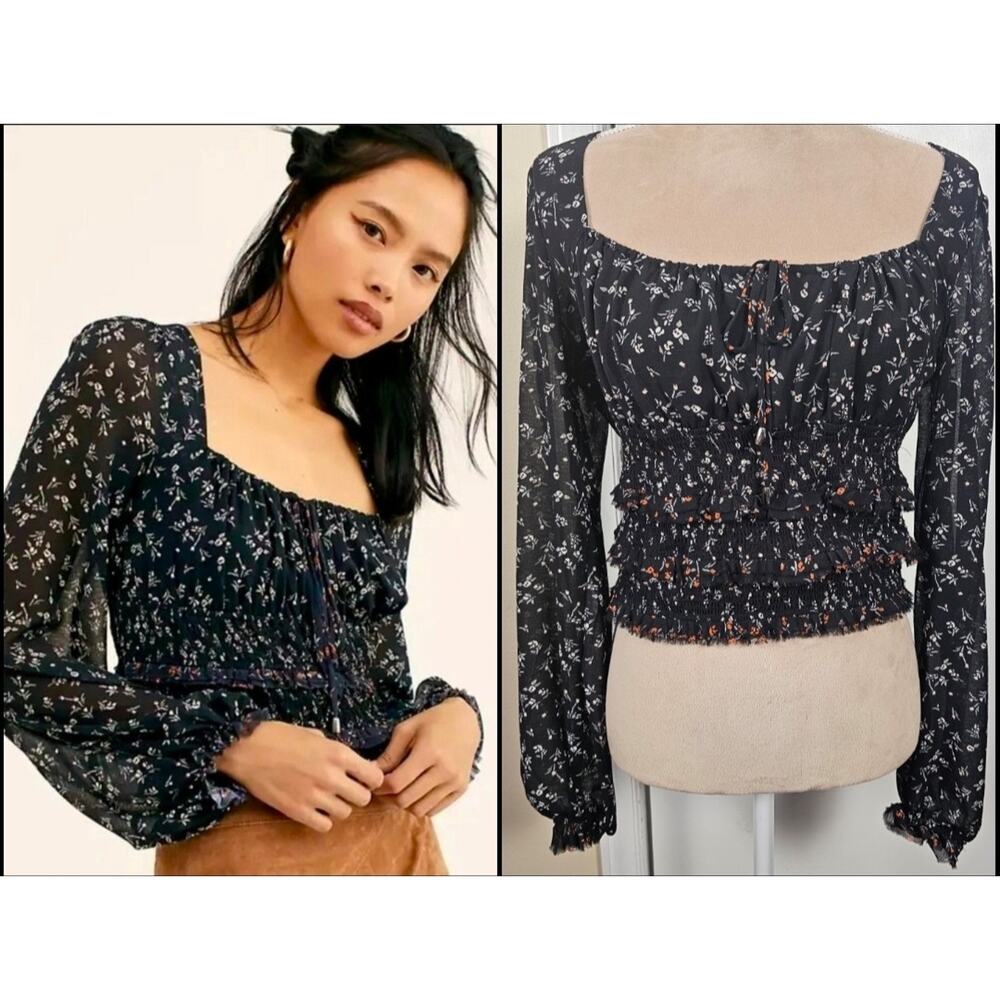 Free People Womens Printed Lolita Floral Smocked Blouse Sz S Peasant Dark Fairy